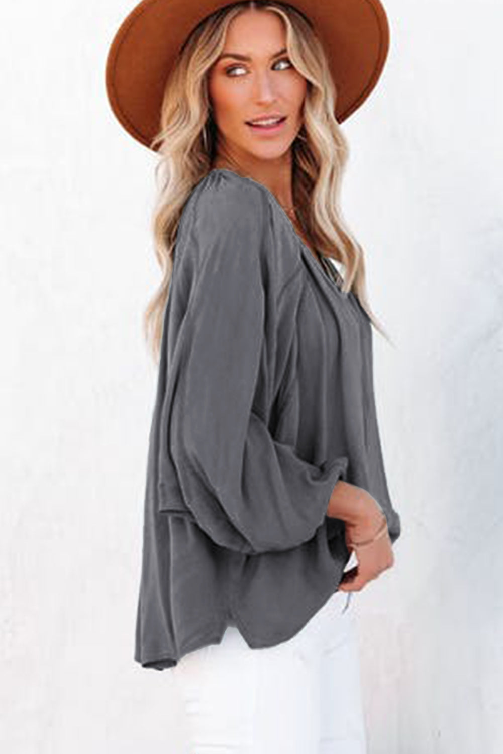 Gray Split V Neck Dolman Top