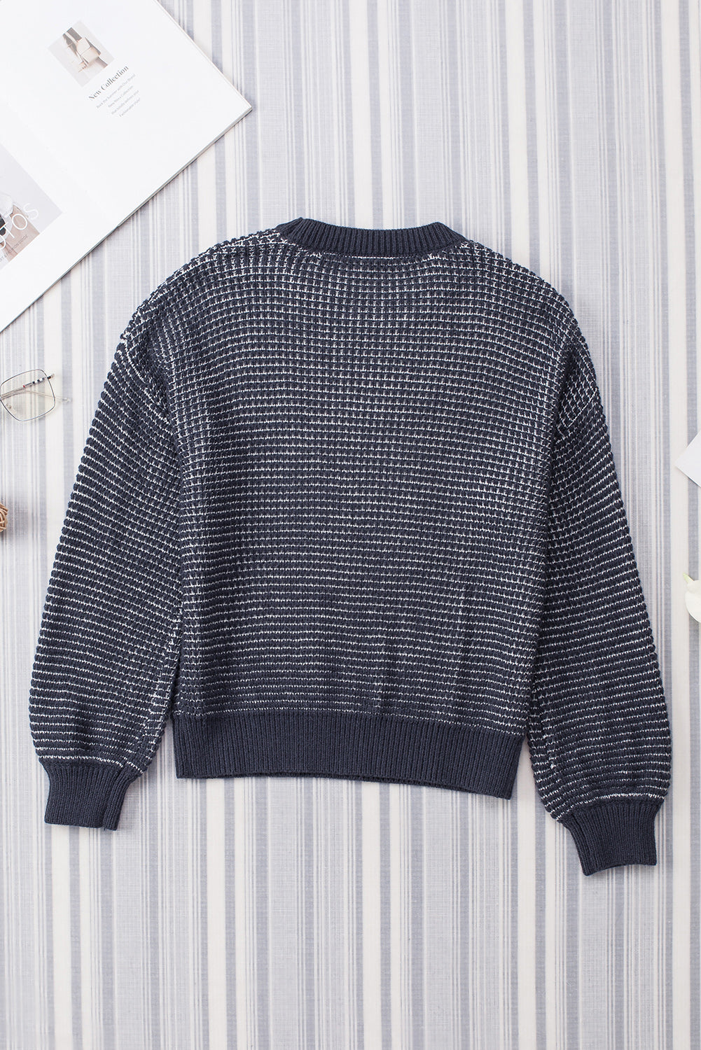 Black Heathered Knit Drop Shoulder Puff Sleeve Sweater