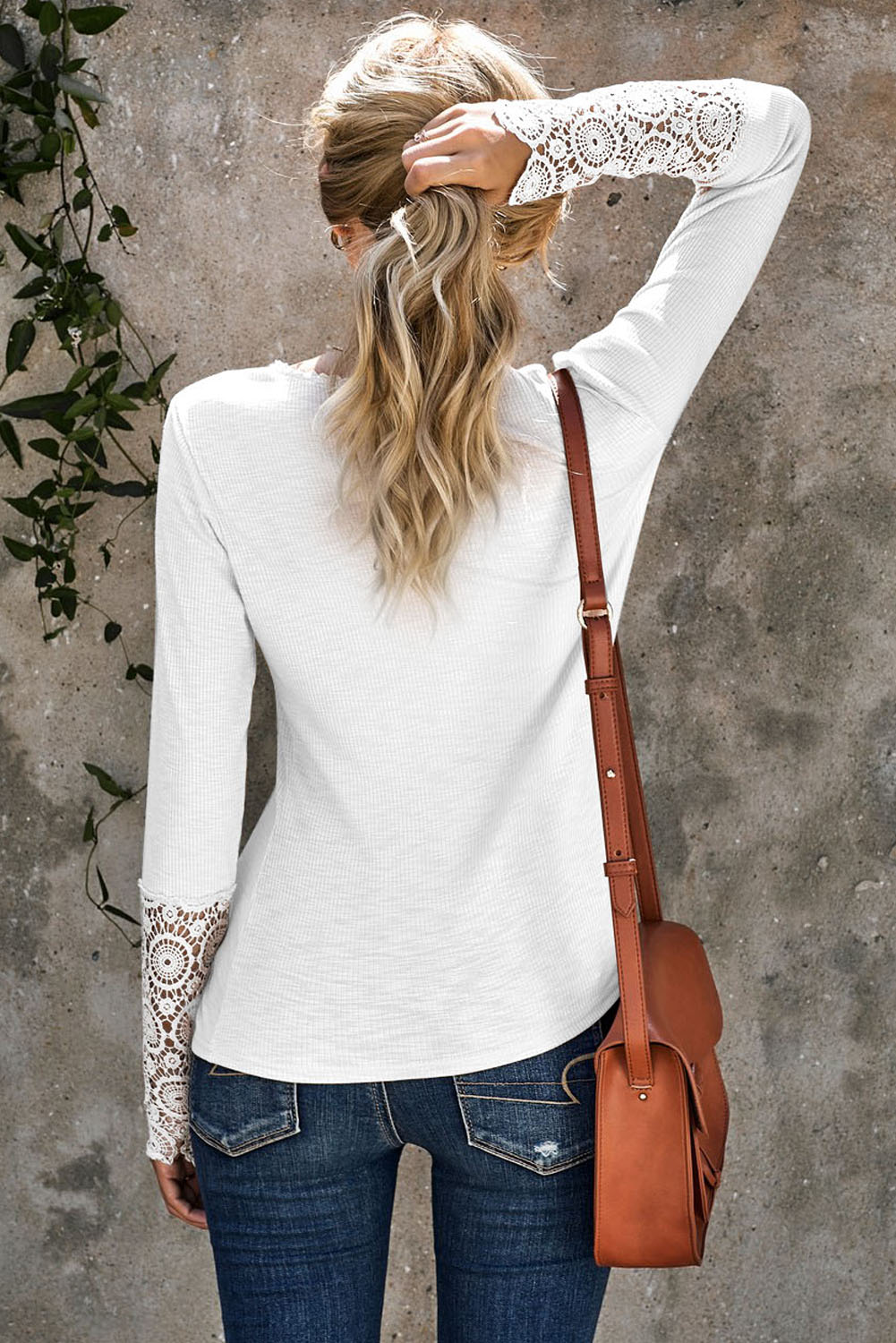 White Crochet Lace Hem Sleeve Button Top