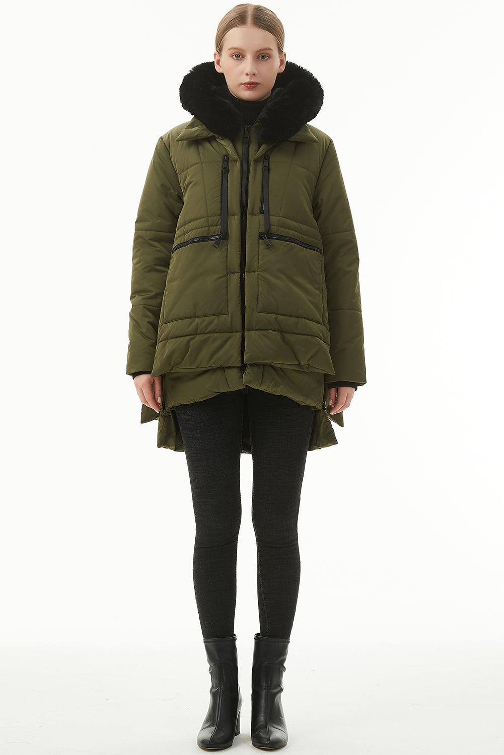 Jungle Green Plush Linen Zip Up Hooded Puffer Coat