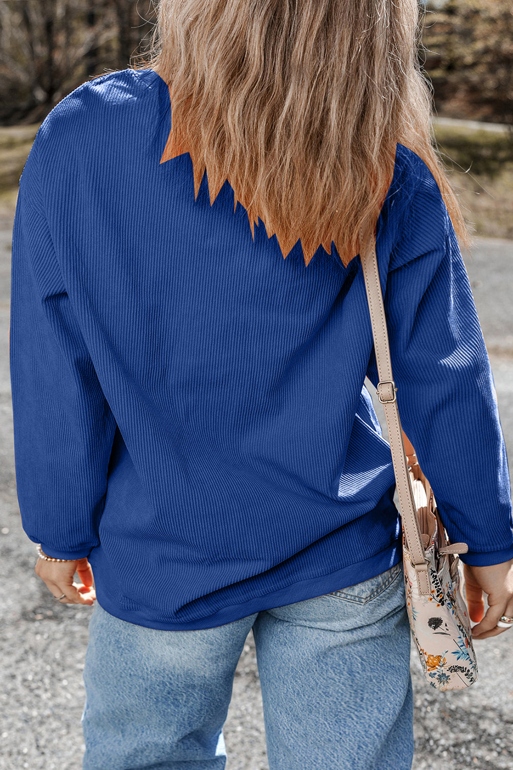 Dark Blue Ribbed Corduroy Oversized Sweatshirt