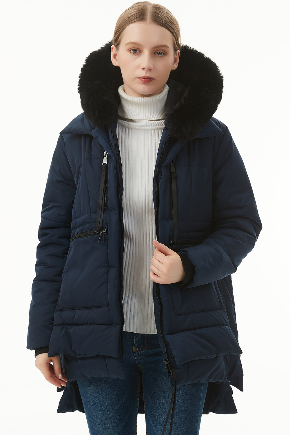 Navy Blue Plush Linen Zip Up Hooded Puffer Coat