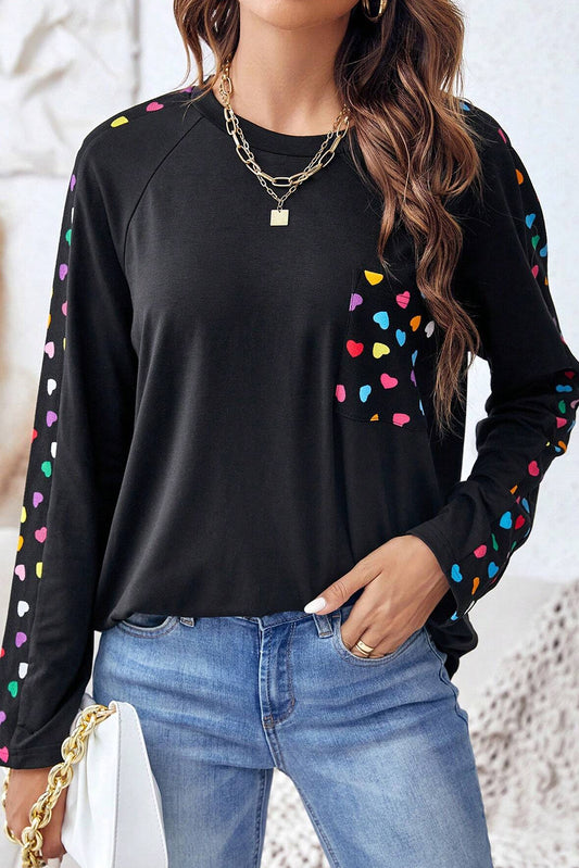 Black Valentine's Day Love Hearts Raglan Sleeve Top