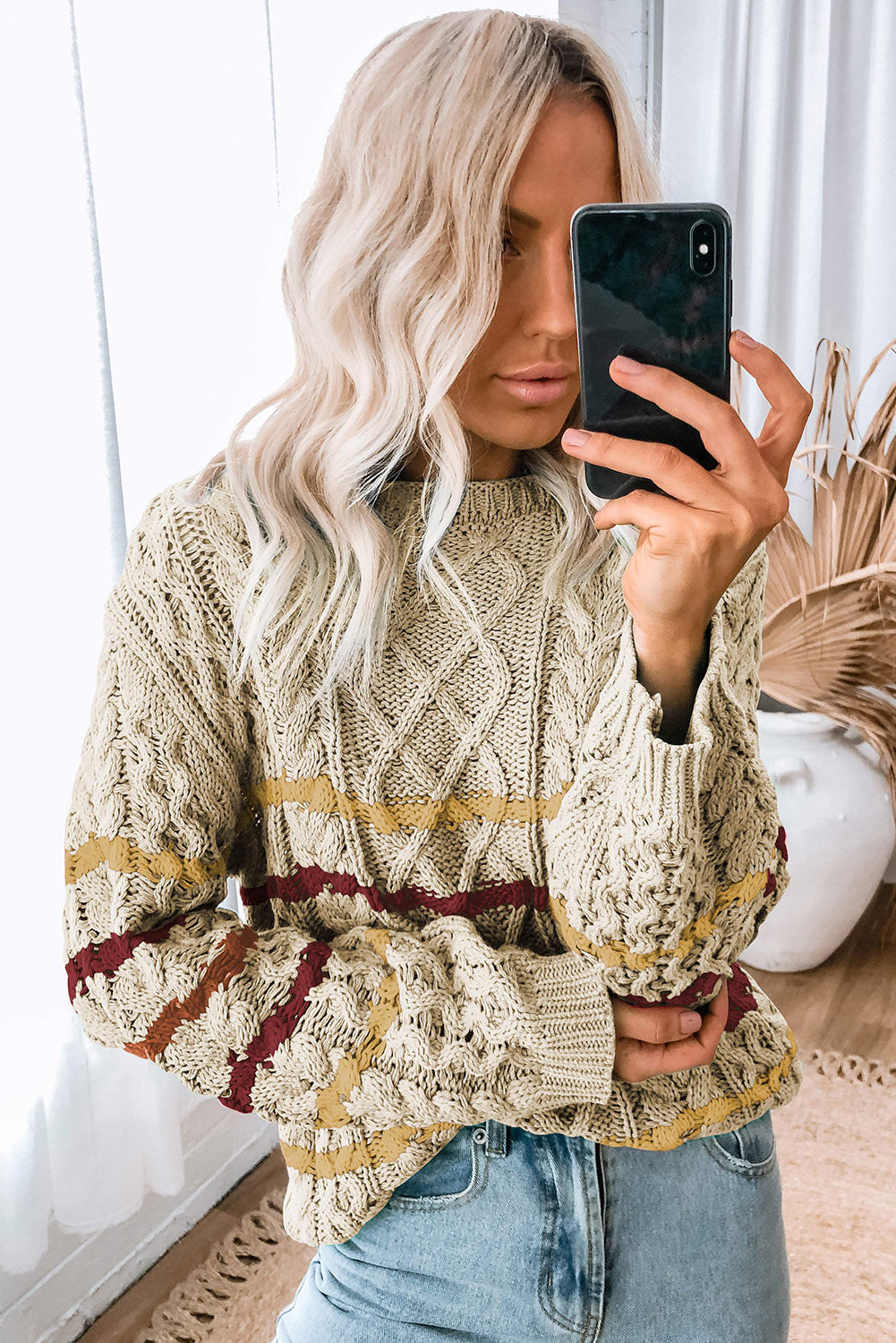 Khaki Striped Color Block Textured Knit Pullover Sweater