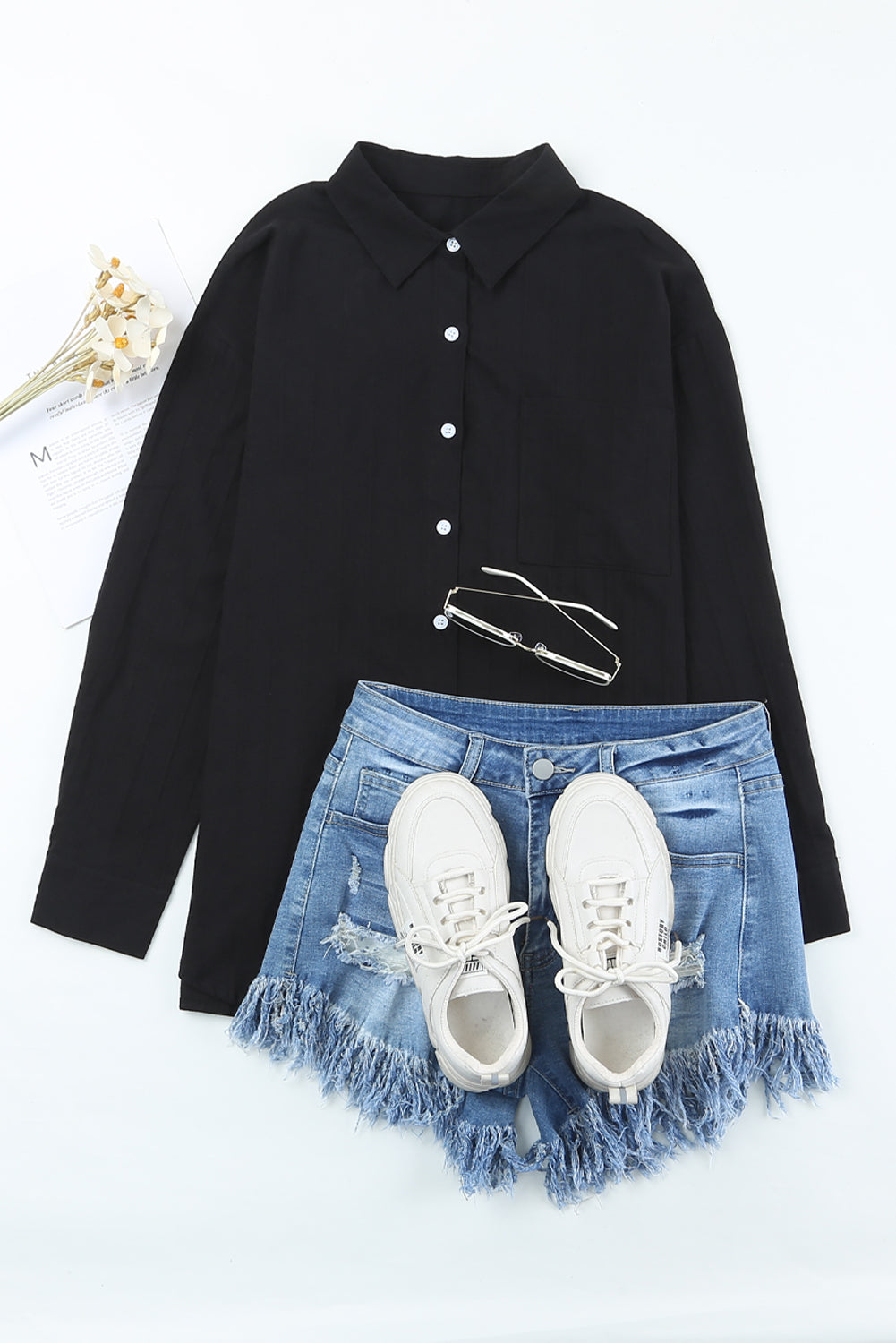 Black Textured Buttoned Pocket Long Sleeve Shirt