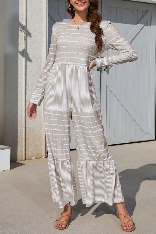 Light Grey Mix Striped Long Sleeve Wide Leg Jumpsuit