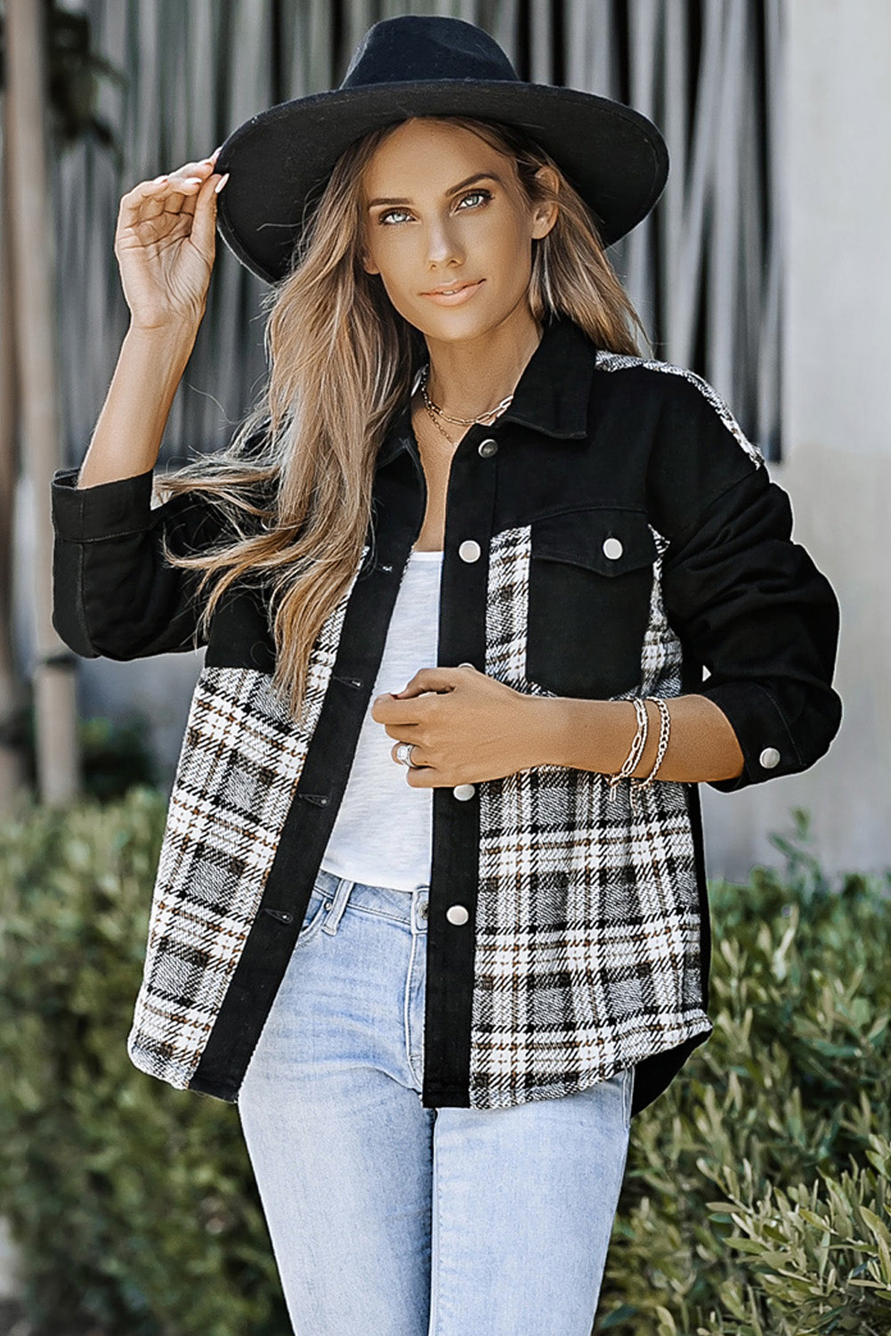 Black Plaid Patchwork Raw Hem Denim Jacket