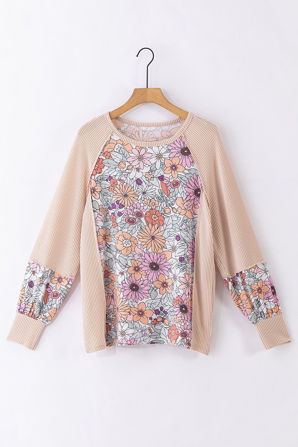 Oatmeal Corded Floral Patchwork Long Sleeve Top