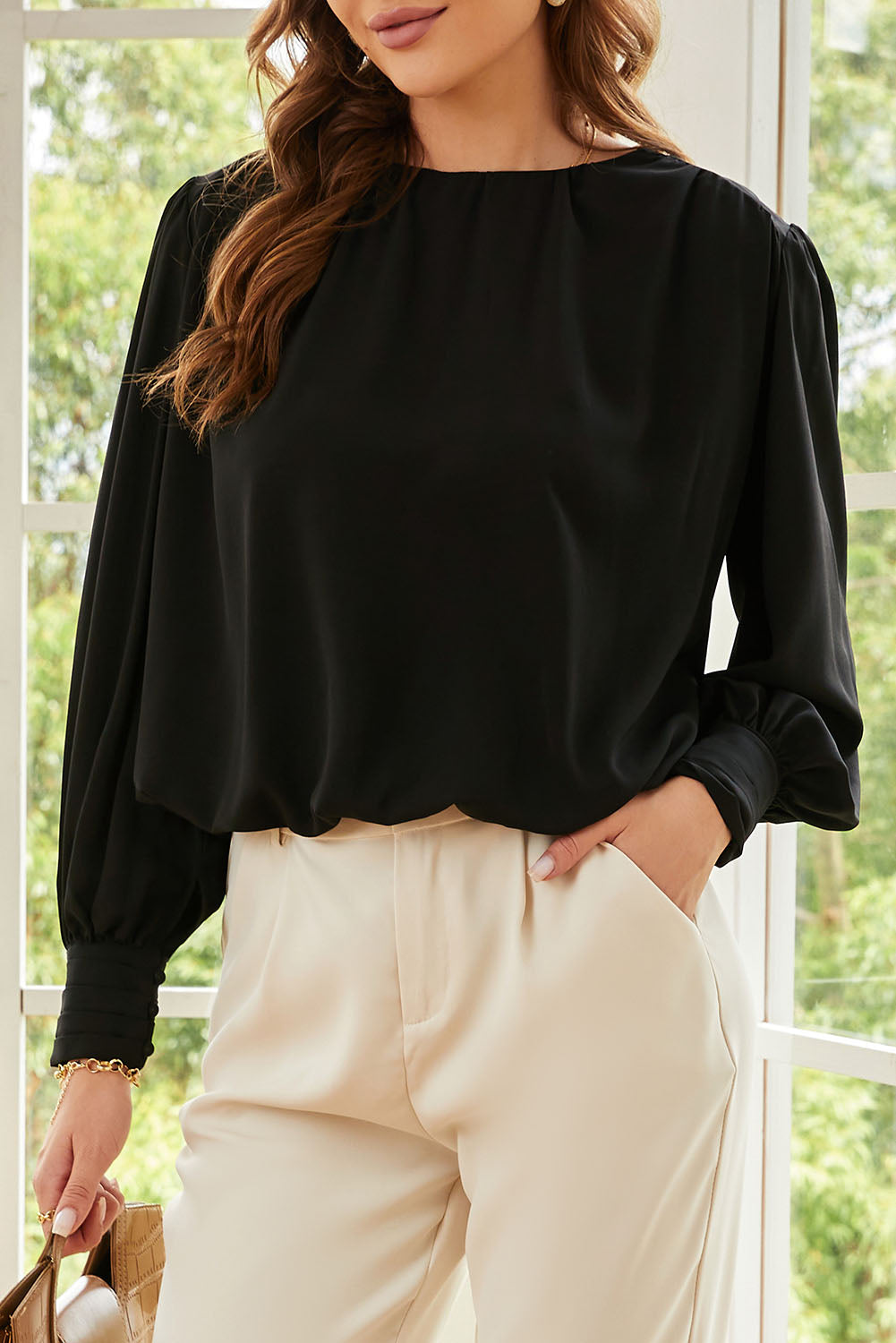 Black Padded Shoulder Buttoned Cuffs Pleated Loose Blouse