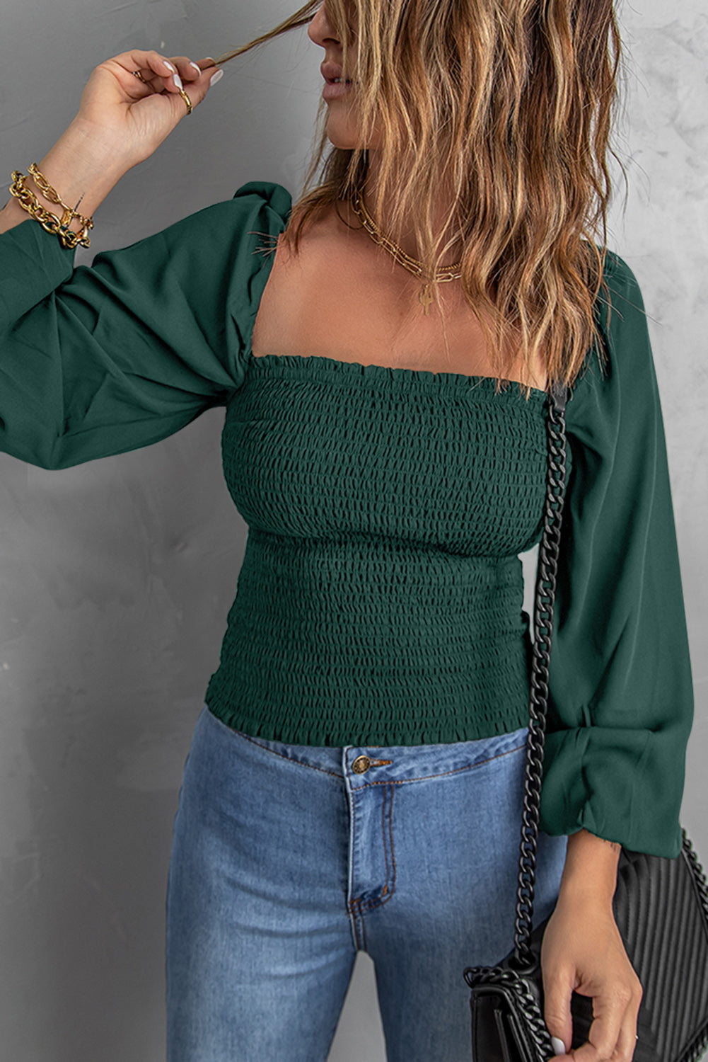 Green Puff Sleeve Smocked Top