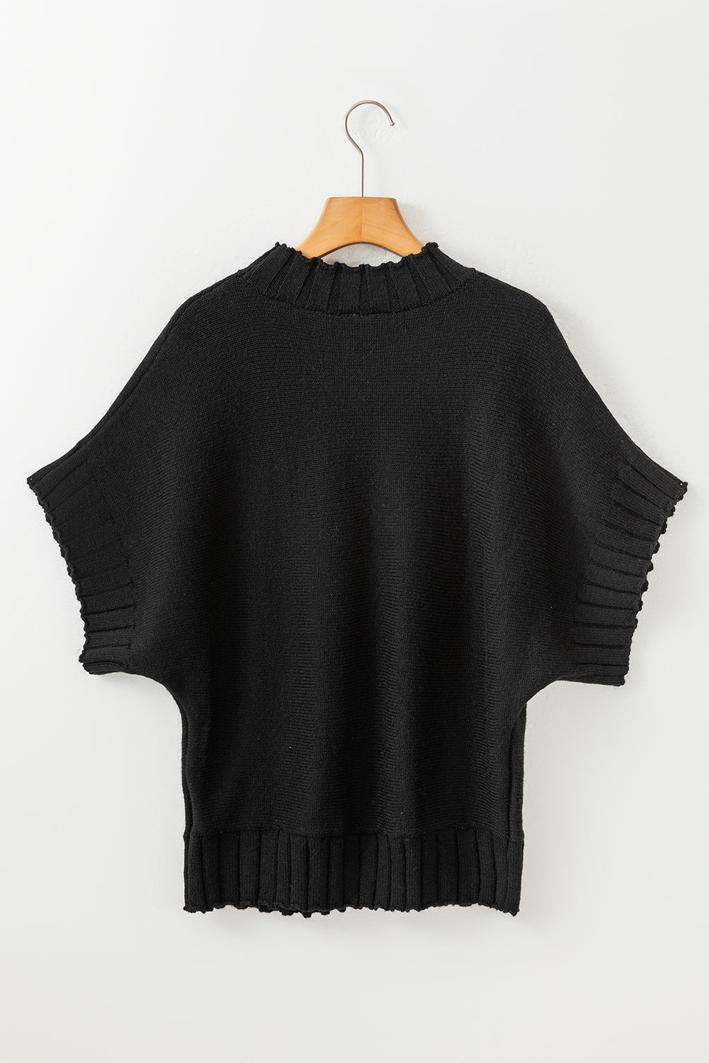 Black Mock Neck Batwing Short Sleeve Knit Sweater