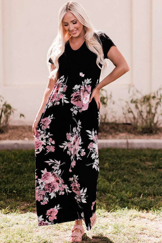 Black Contrast Floral Empire Waist Maxi Dress