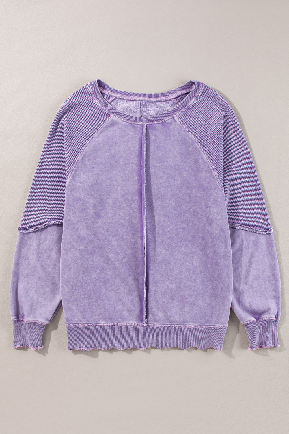 Orchid Petal Solid Waffle Knit Patchwork Raglan Sleeve Sweatshirt