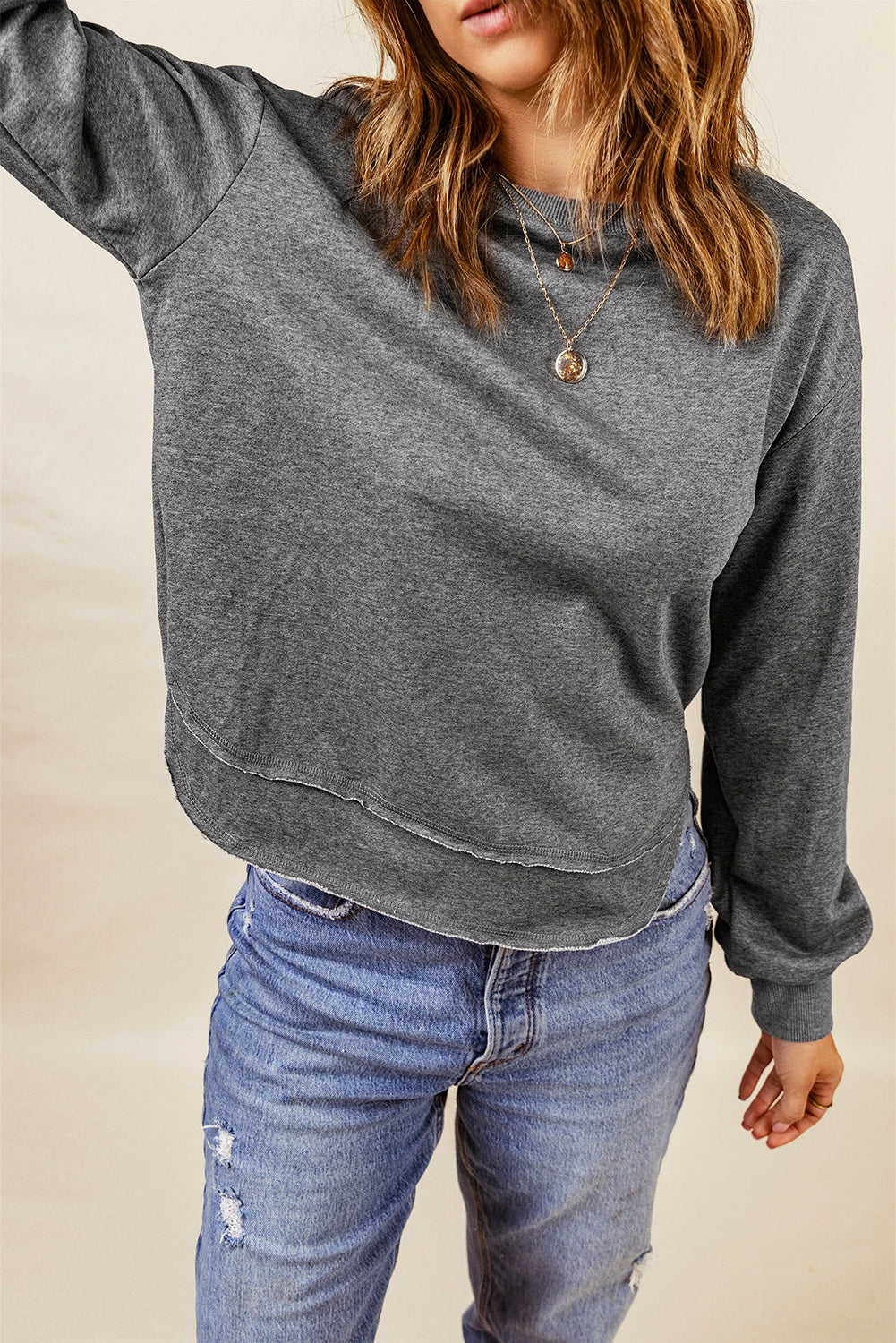 Gray Irregular Side Slit Pullover Sweatshirt