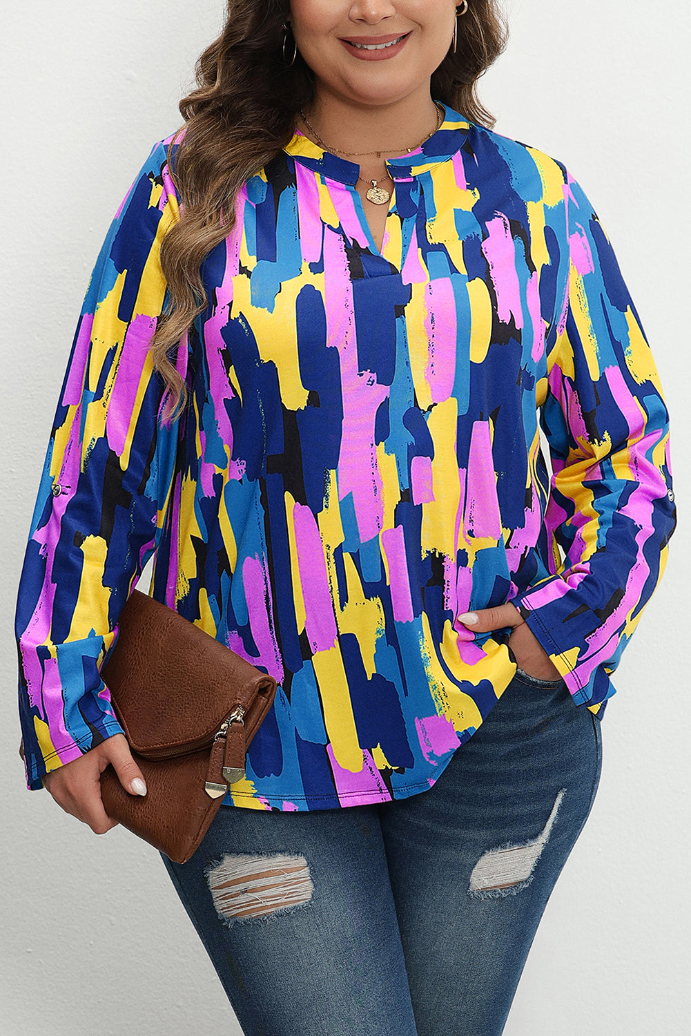 Blue Plus Size Brushstroke Print 3/4 Sleeve Blouse