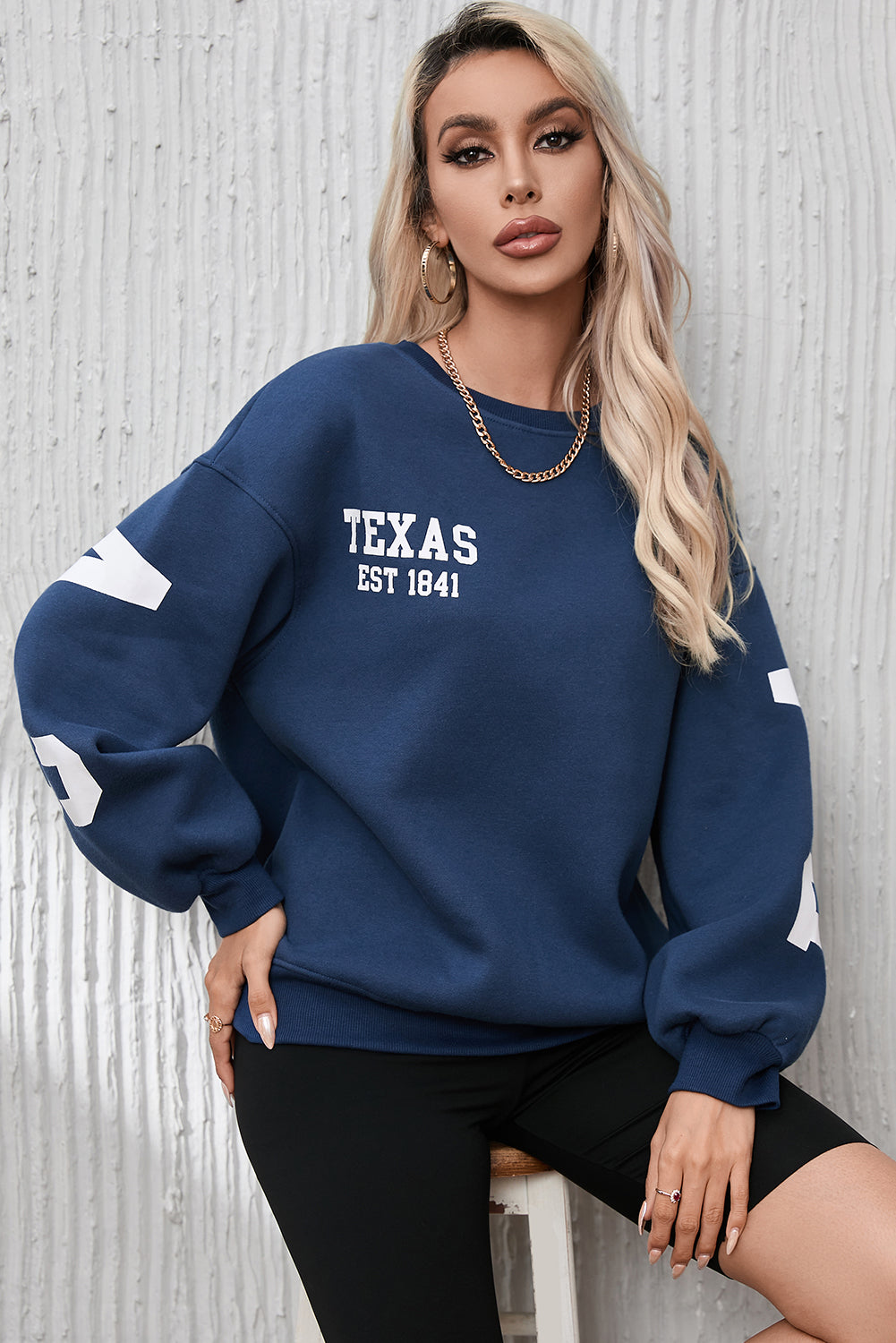 Sail Blue DALLAS Print Balloon Sleeve Oversized Sweatshirt