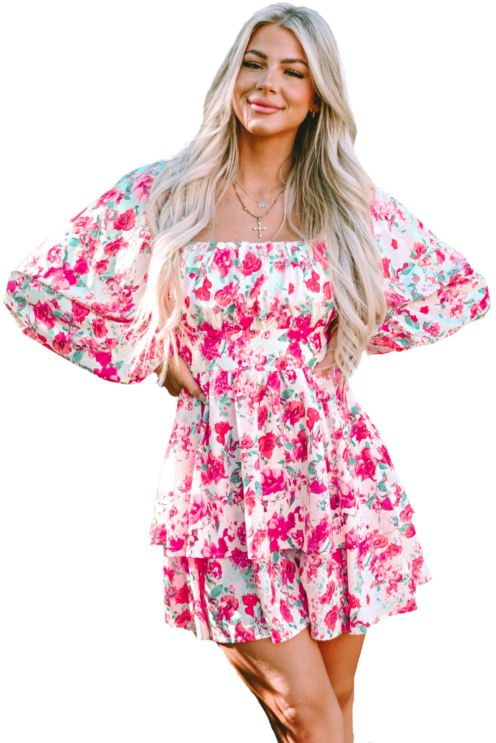 Pink Ruffle Tiered High Waist Puff Sleeve Floral Dress