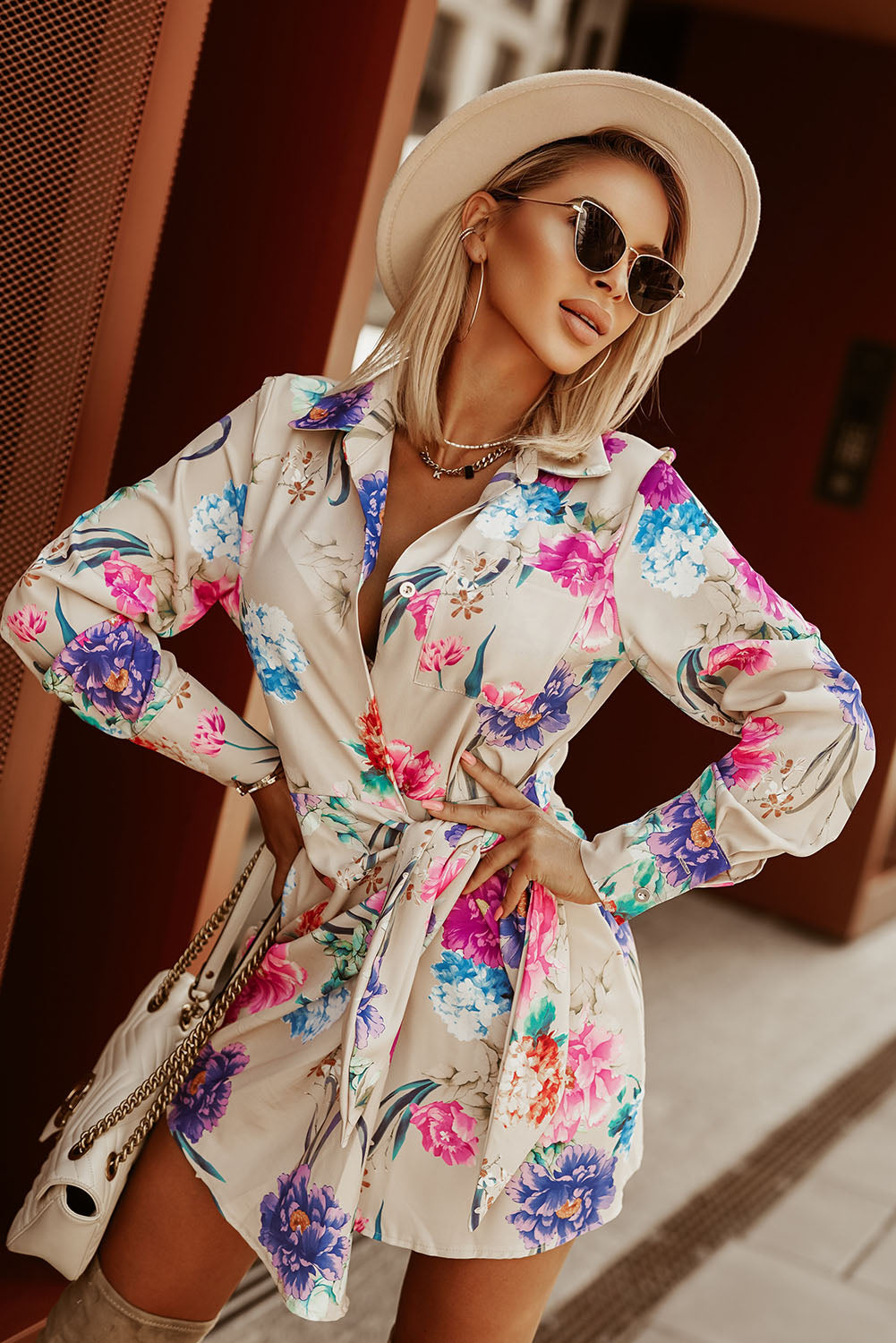 Multicolor Floral Print Wrap Tie Mini Shirt Dress