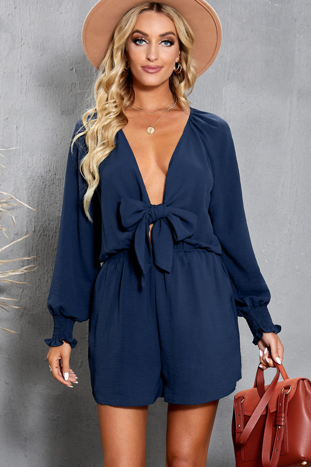 Navy Tie Knot Puff Long Sleeve Romper