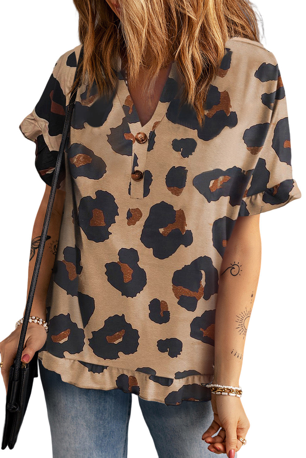 Khaki Leopard Print Ruffled Buttoned V Neck Top