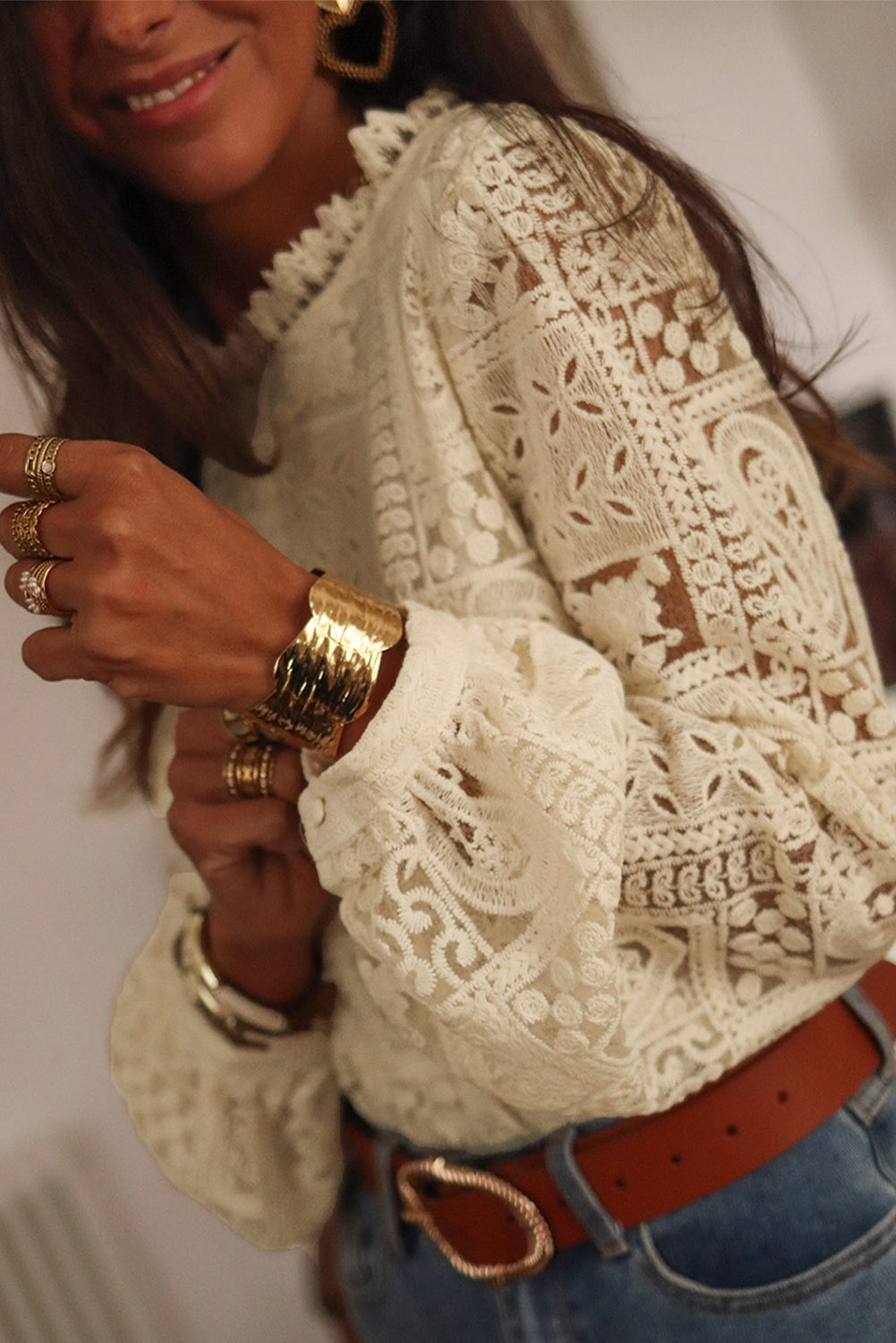 Beige Frilled Collar Paisley Mixed Lace Blouse