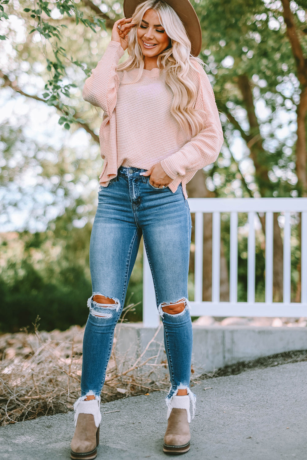 Pink Waffle Knit Eyelet Long Sleeve Blouse