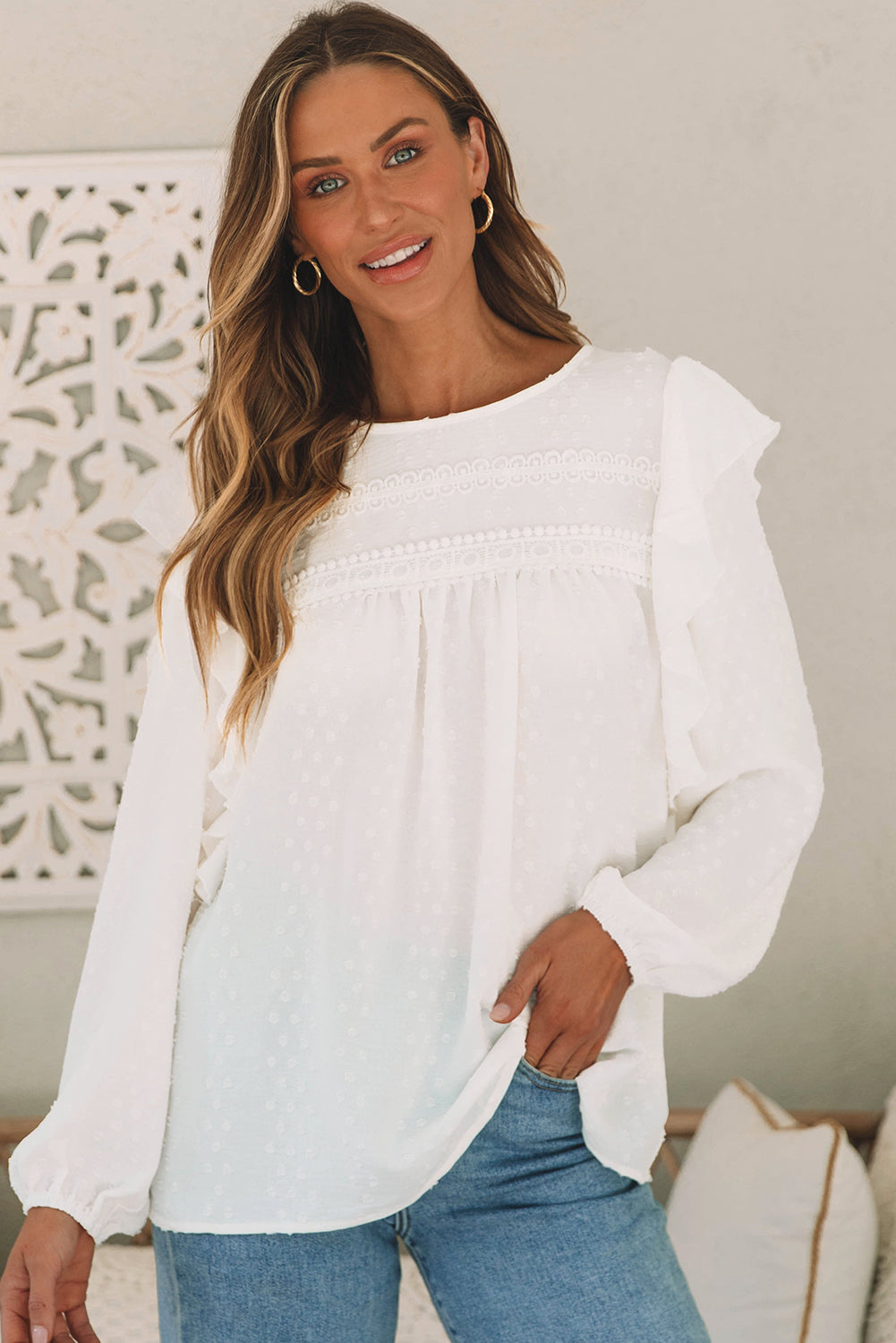 White Lace Eyelet Ruffle Shoulder Long Sleeve Blouse