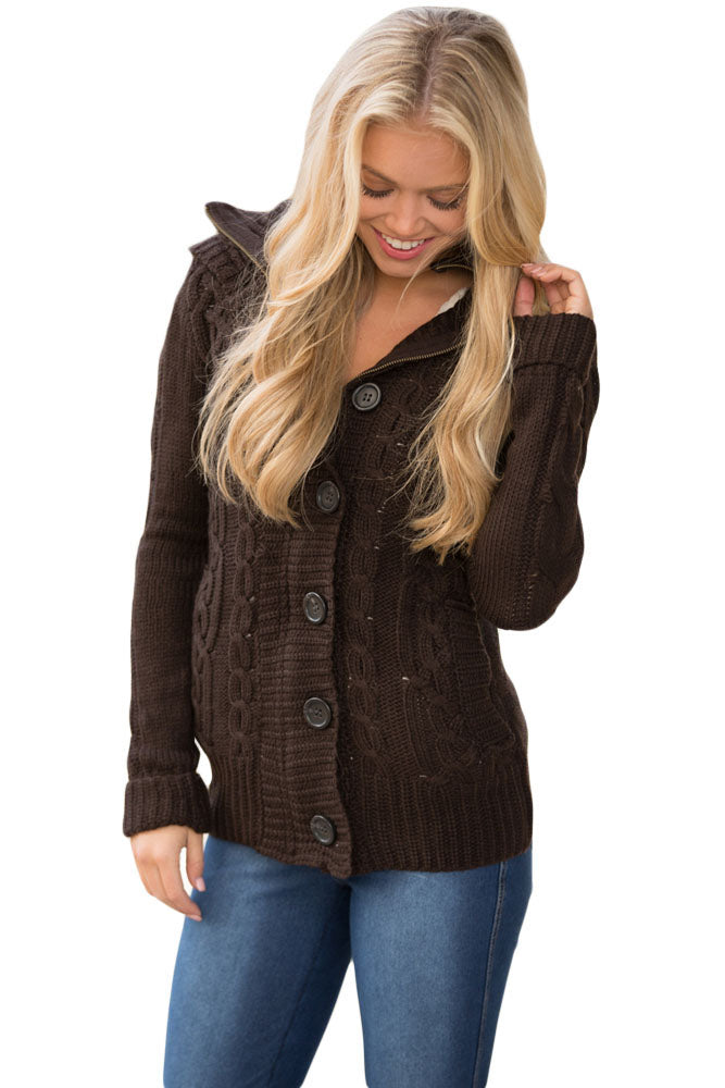 Brown Long Sleeve Button-up Hooded Cardigans