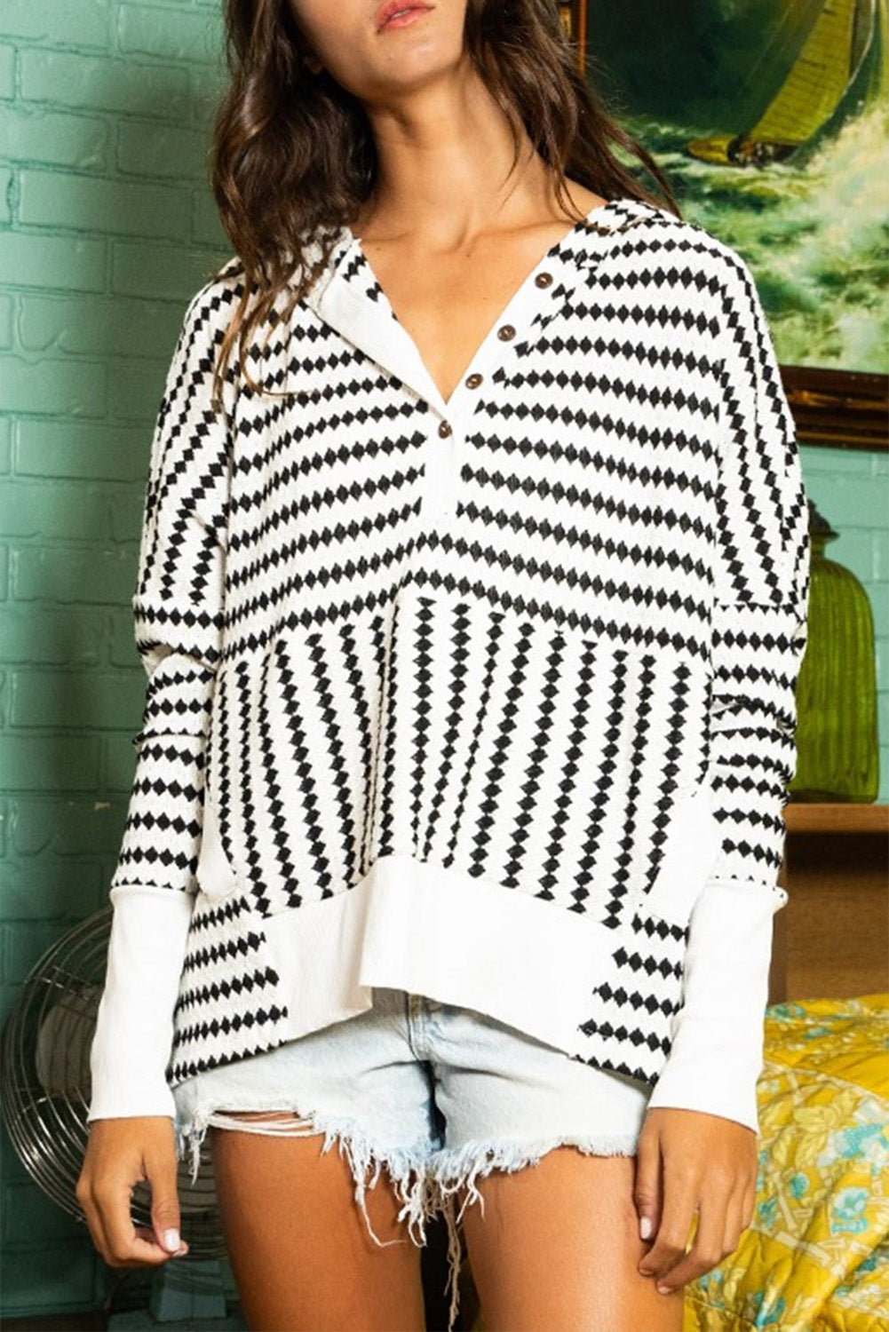 Black Stripe Argyle Striped Half Button Oversized Hoodie