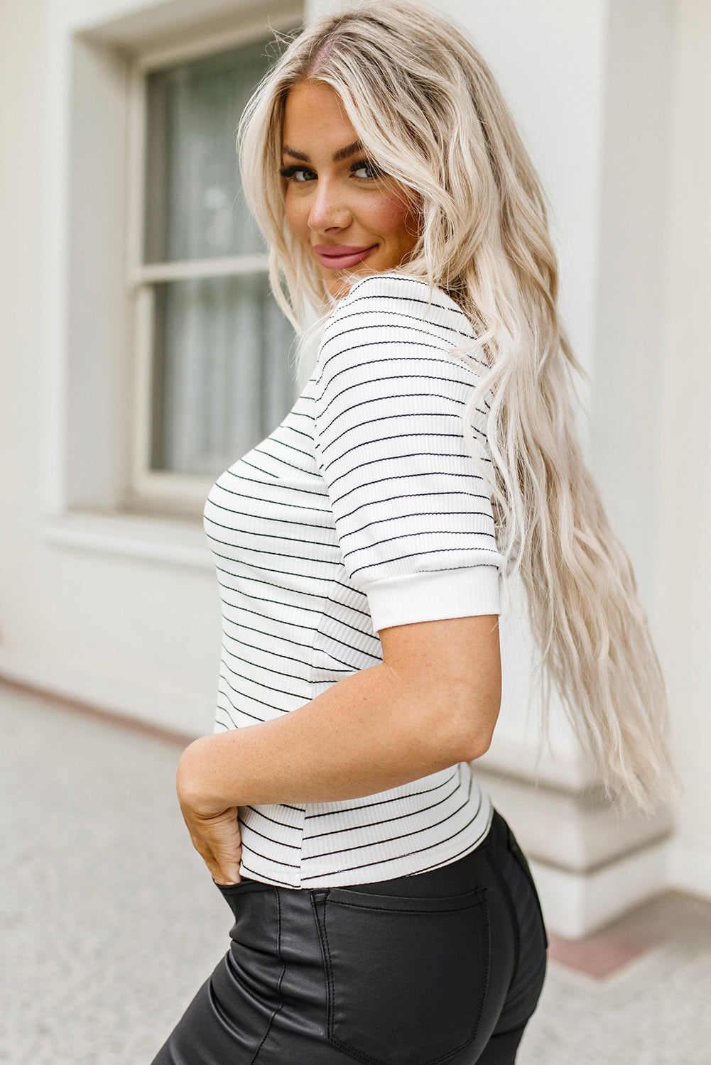 White Striped Print Notch V Neck Short Sleeve Top