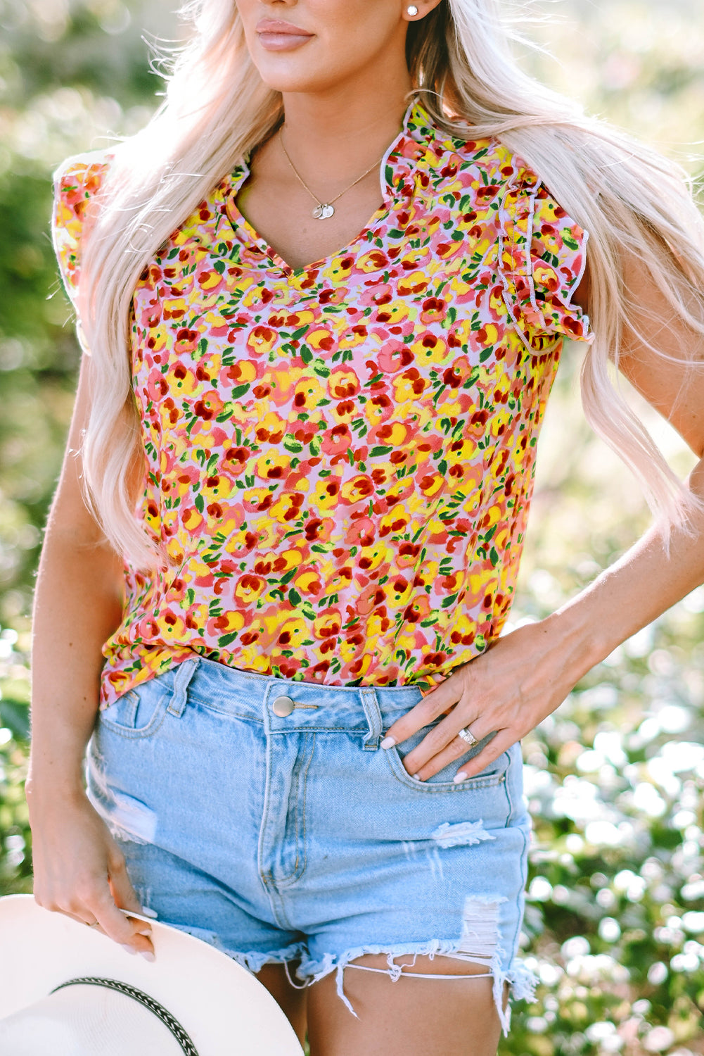 Yellow Floral Print Flutter Sleeve V Neck Tank Top