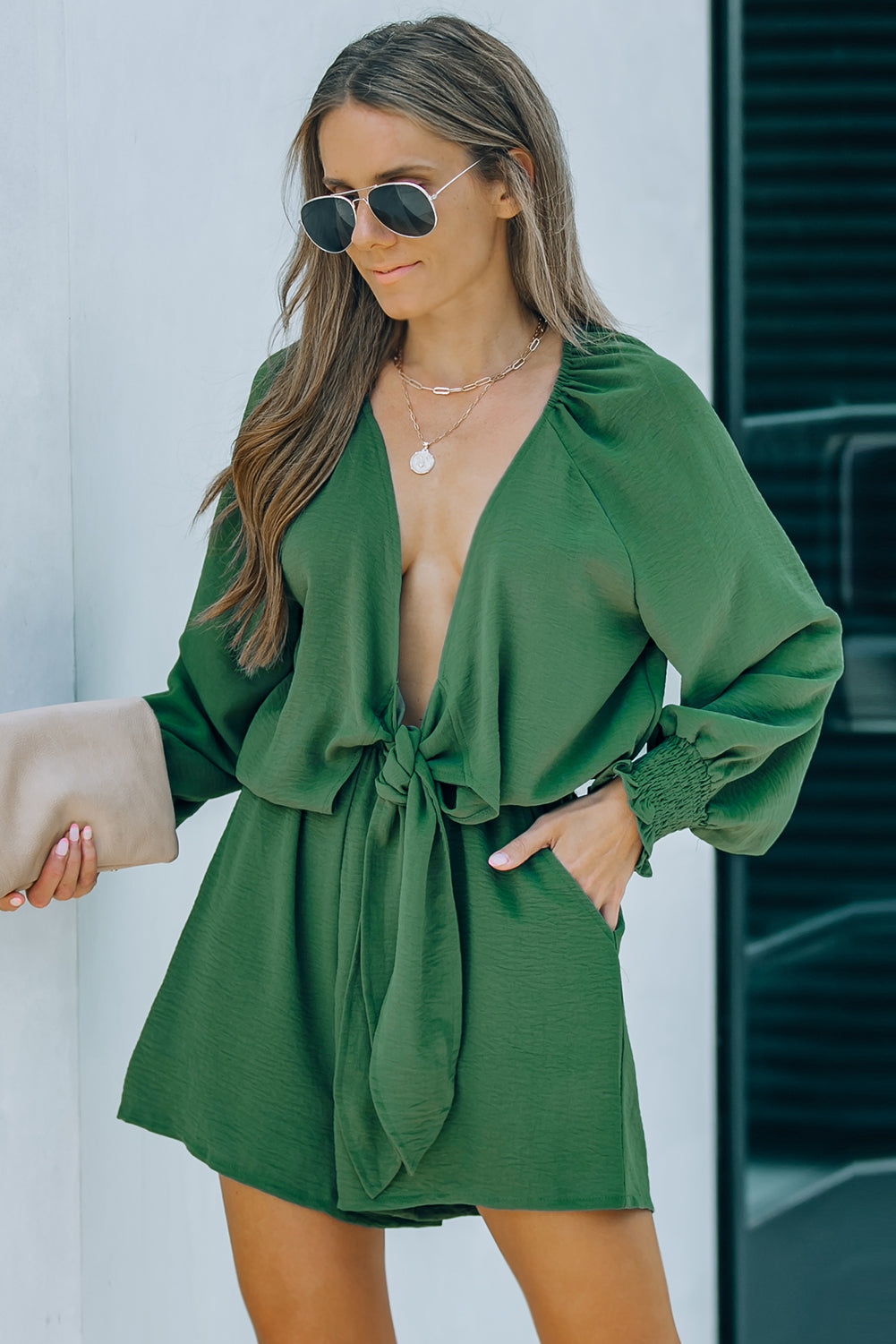 Green Tie Knot Puff Long Sleeve Romper