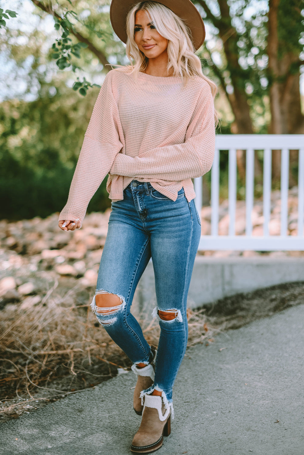 Pink Waffle Knit Eyelet Long Sleeve Blouse