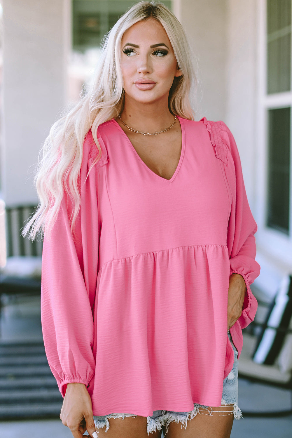 Pink Frilled V Neck Puff Sleeve Babydoll Blouse