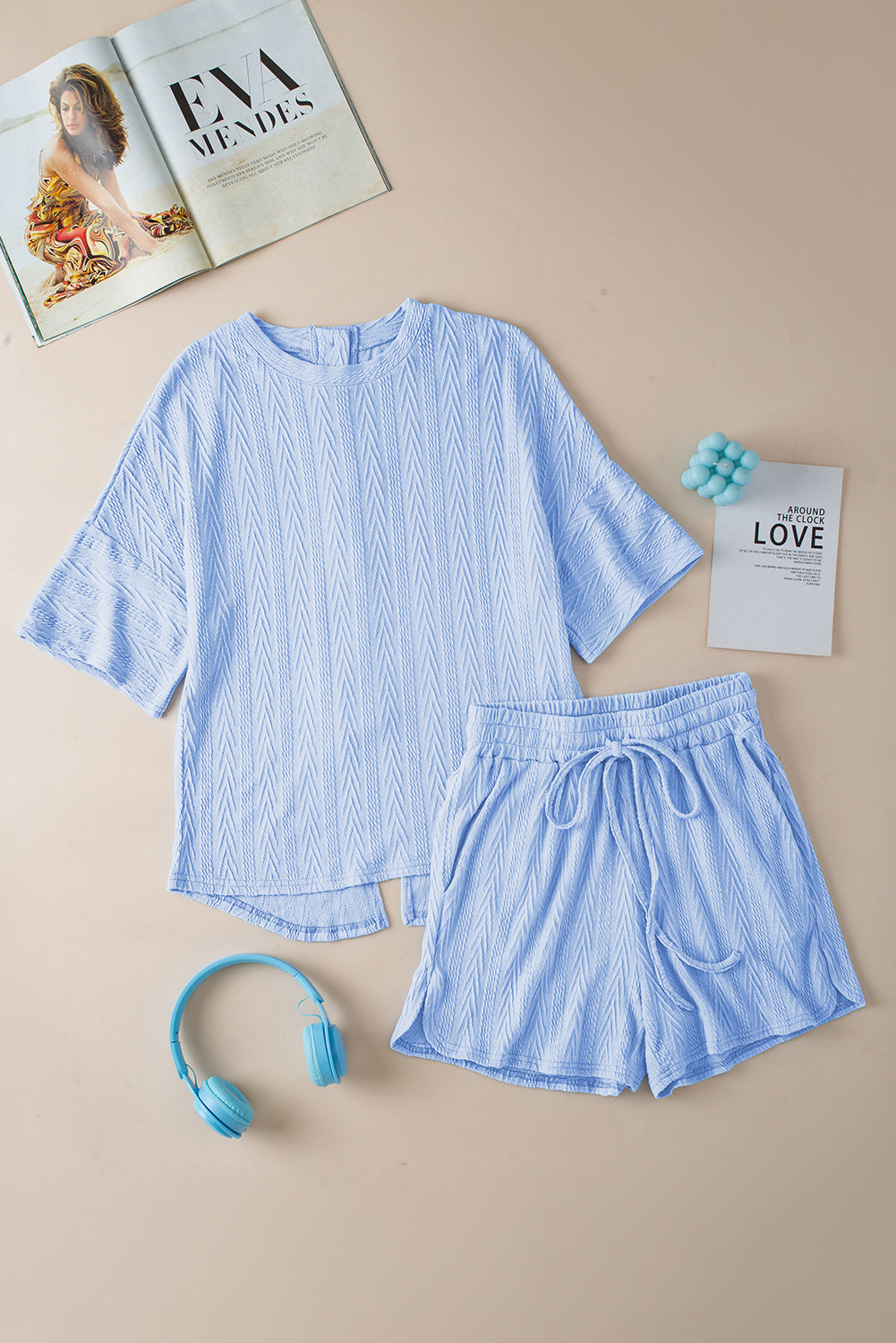 Beau Blue Textured Buttoned Slit Back Tee Shorts Set