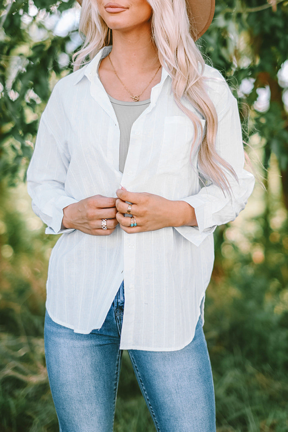 White Textured Buttons Pocketed Shirt