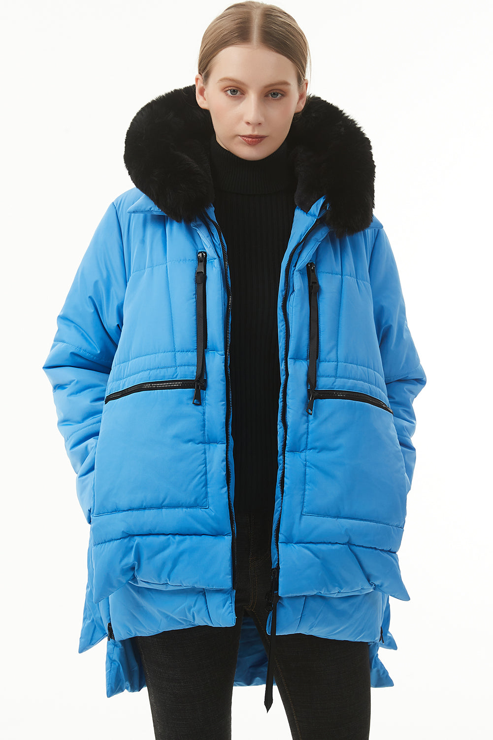 Blue Plush Linen Zip Up Hooded Puffer Coat