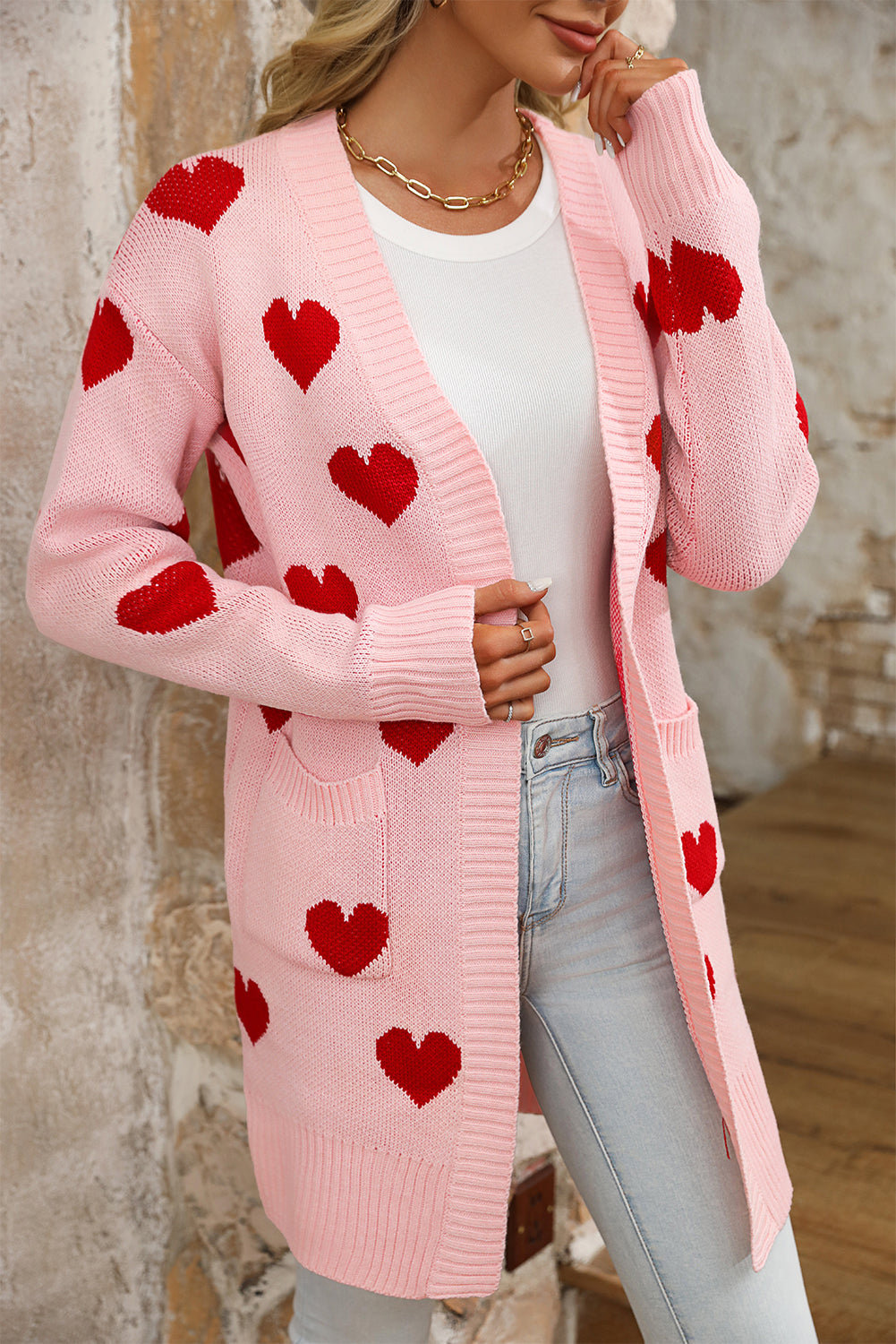 Light Pink Valentine's Day Heart Pattern Ribbed Trim Open Front Cardigan