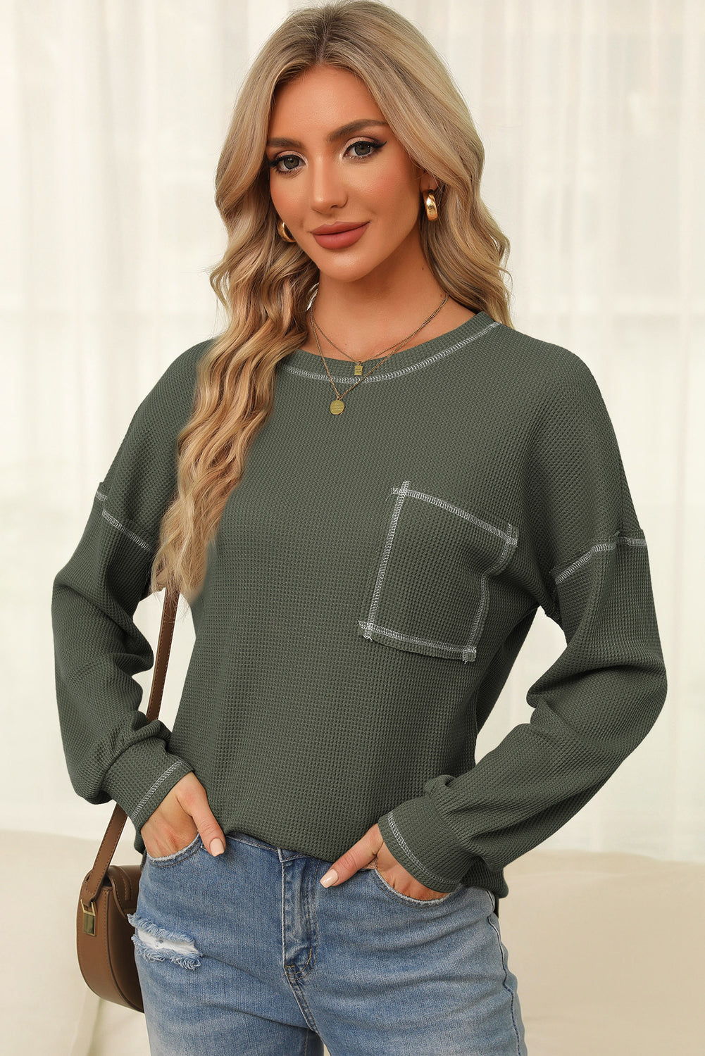 Mist Green Contrast Exposed Stitching Waffle Knit Top