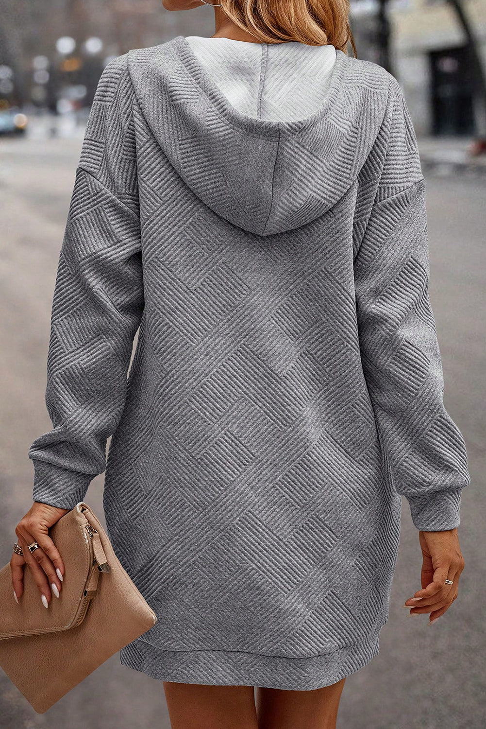 Gray Textured Kangaroo Pocket Drawstring Hooded Mini Dress