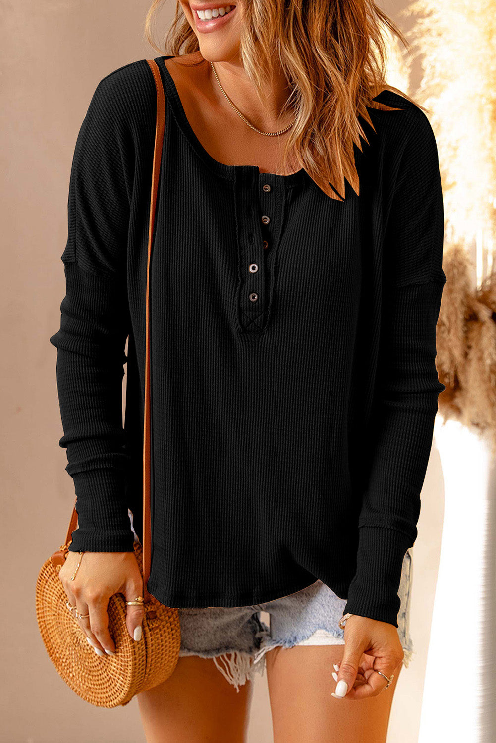 Black Waffle Knit Henley Top