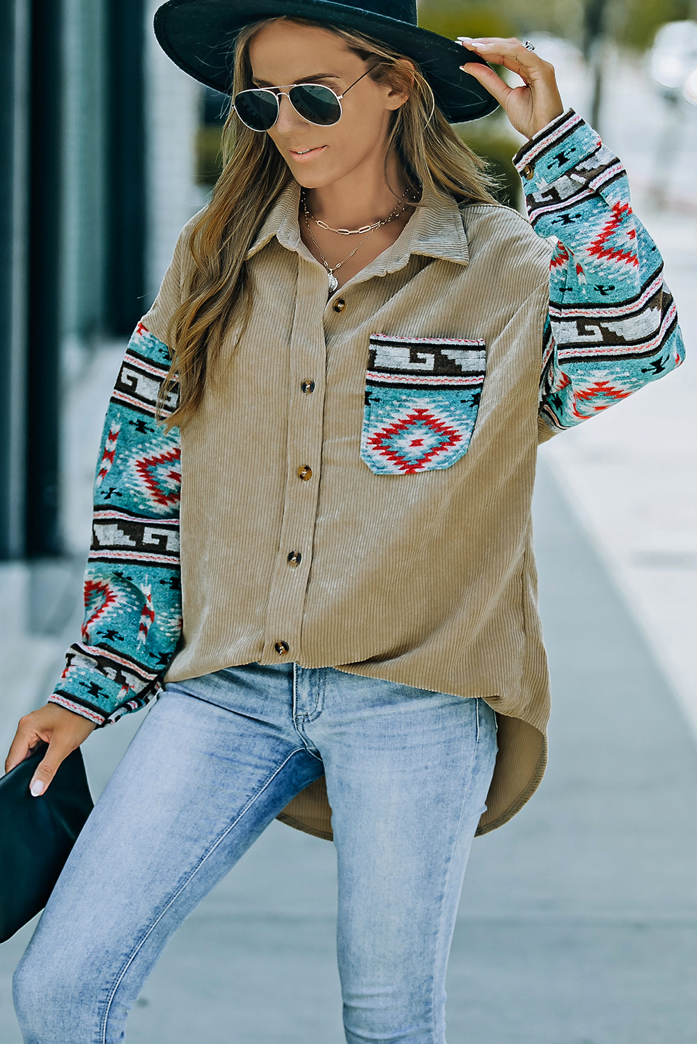 Khaki Aztec Pattern Sleeve Pocketed Corduroy Shacket