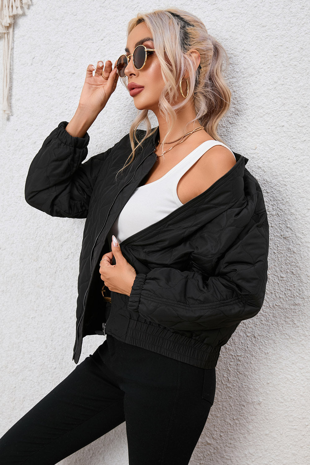 Black Solid Color Quilted Zip Up Puffer Jacket