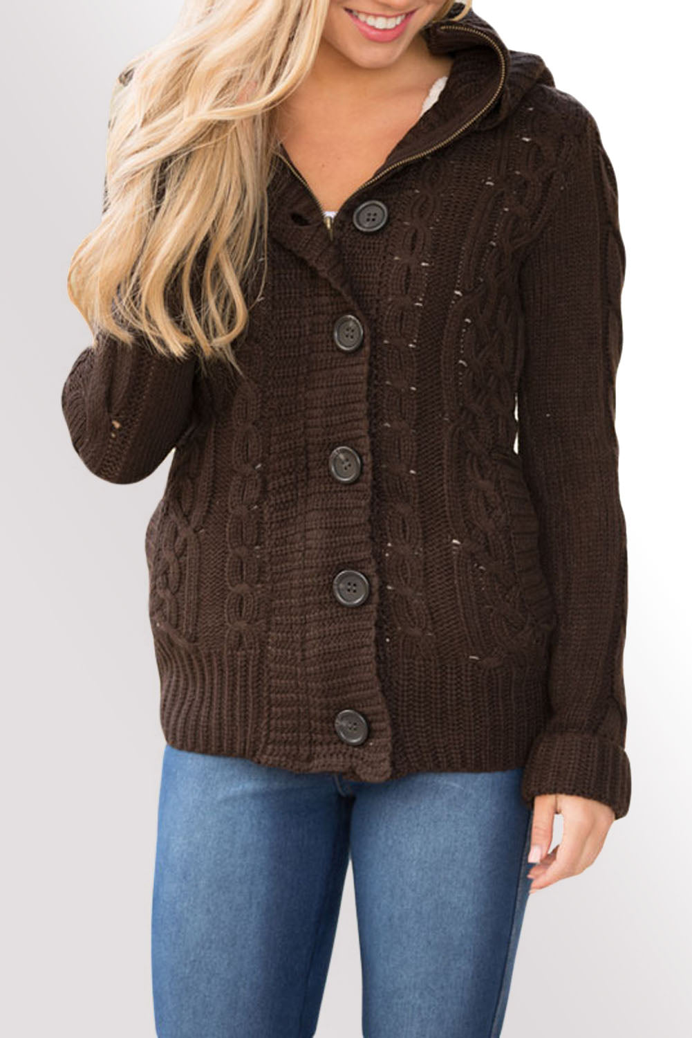 Brown Long Sleeve Button-up Hooded Cardigans