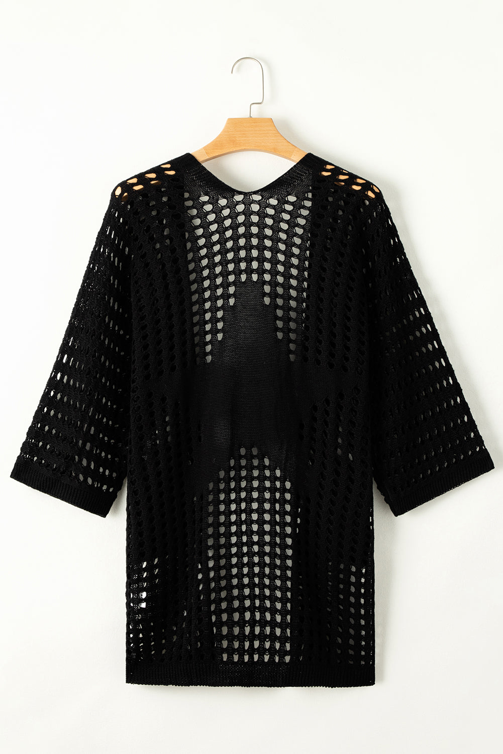 Black Pointelle Knit Pocket Open Front Cardigan