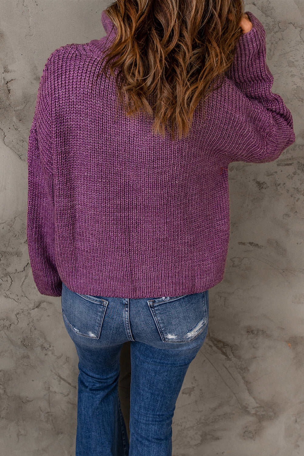 Purple Zipped Turtleneck Drop Shoulder Knit Sweater