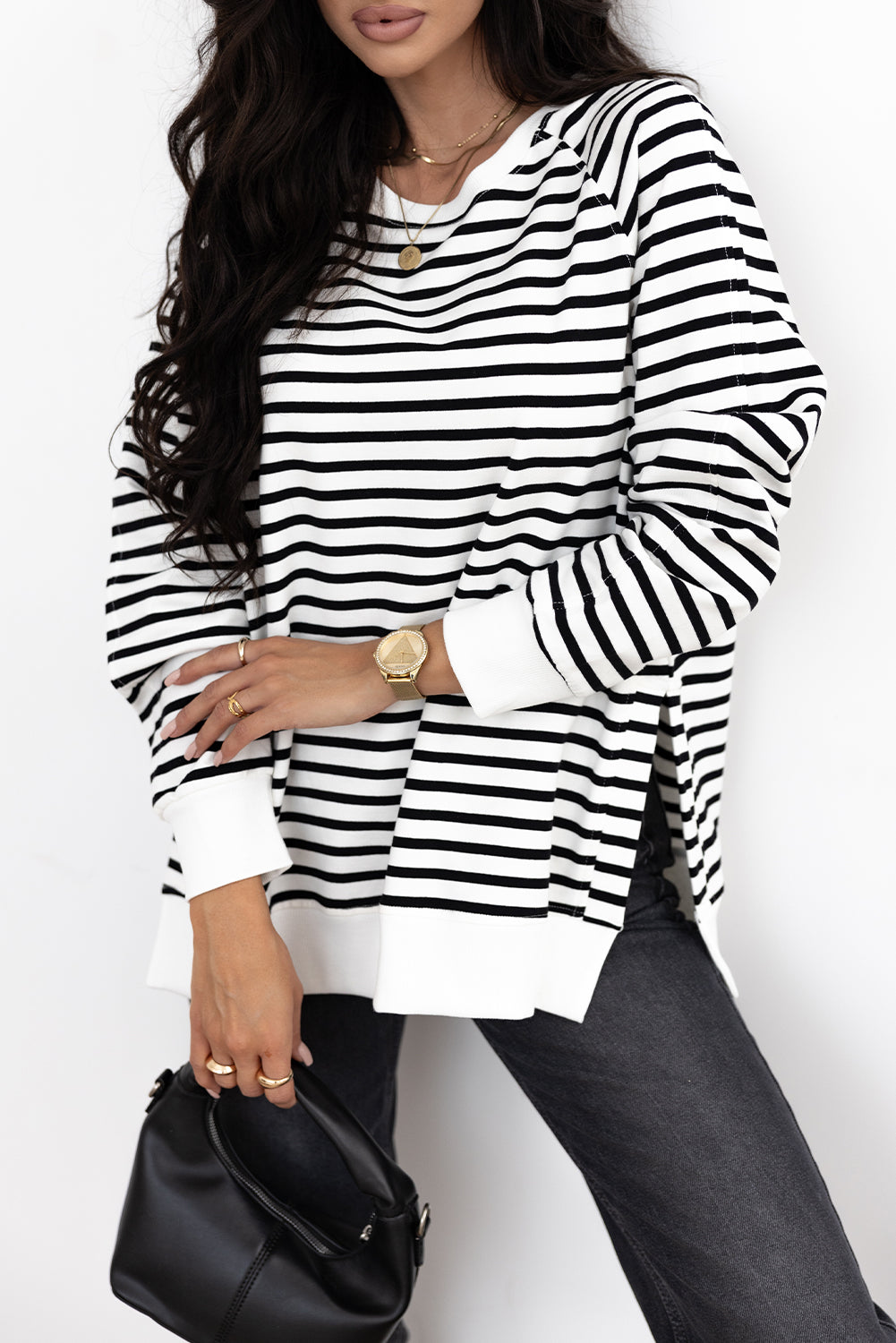 Black Stripe Raglan Sleeve Side Slits Loose Sweatshirt