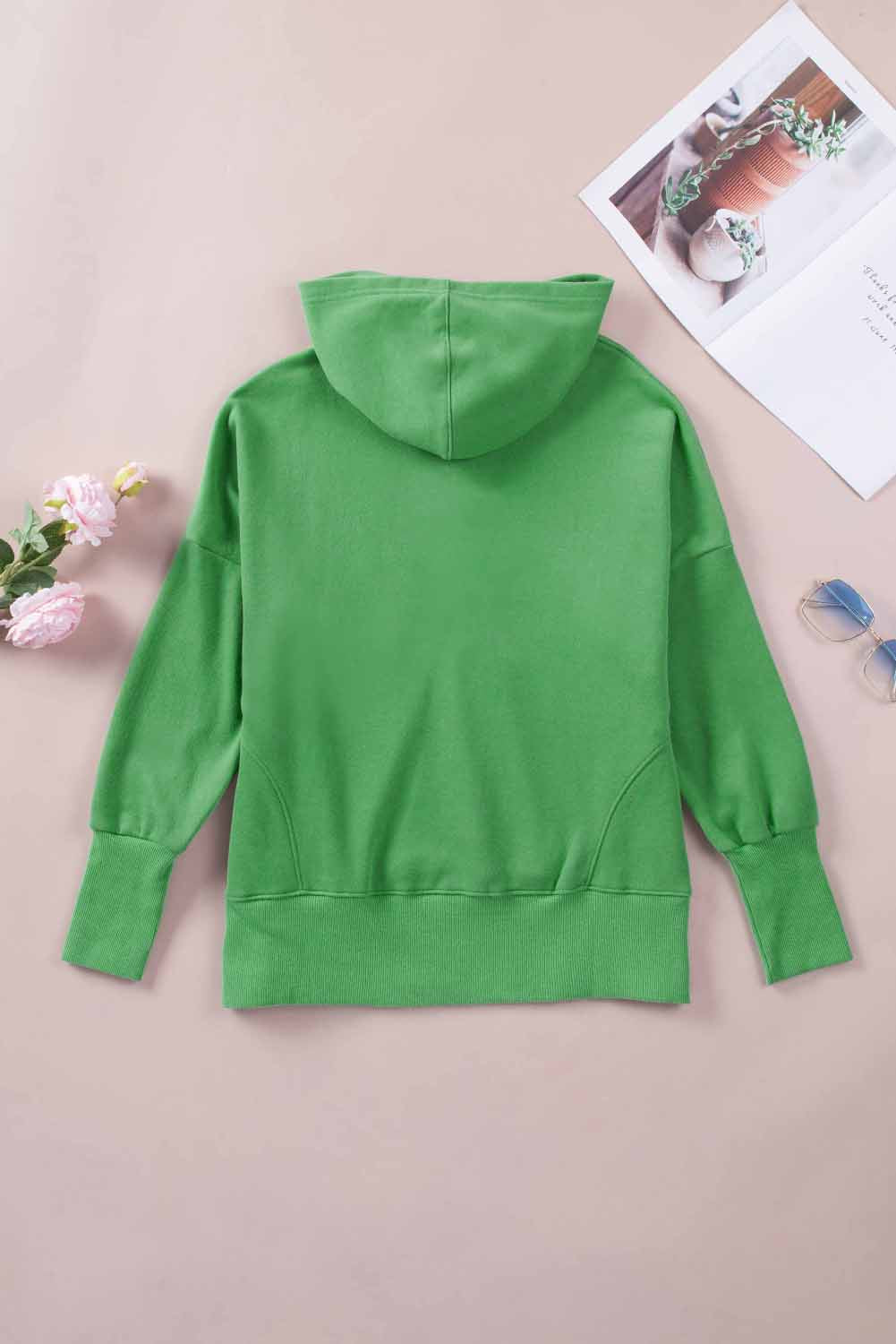 Green Batwing Sleeve Pocketed Henley Hoodie