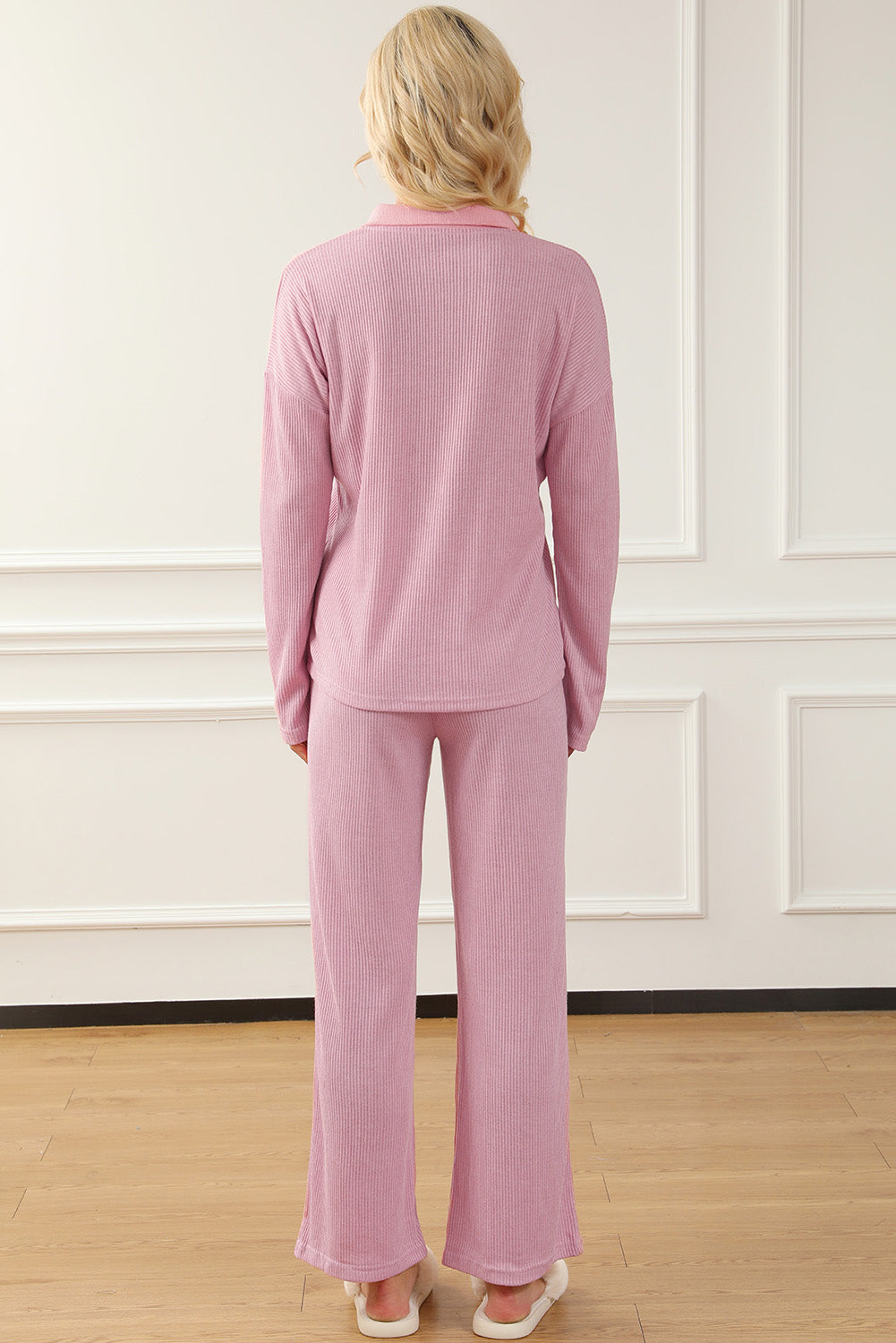 Pink Ribbed Knit Collared Henley Top and Pants Lounge Outfit