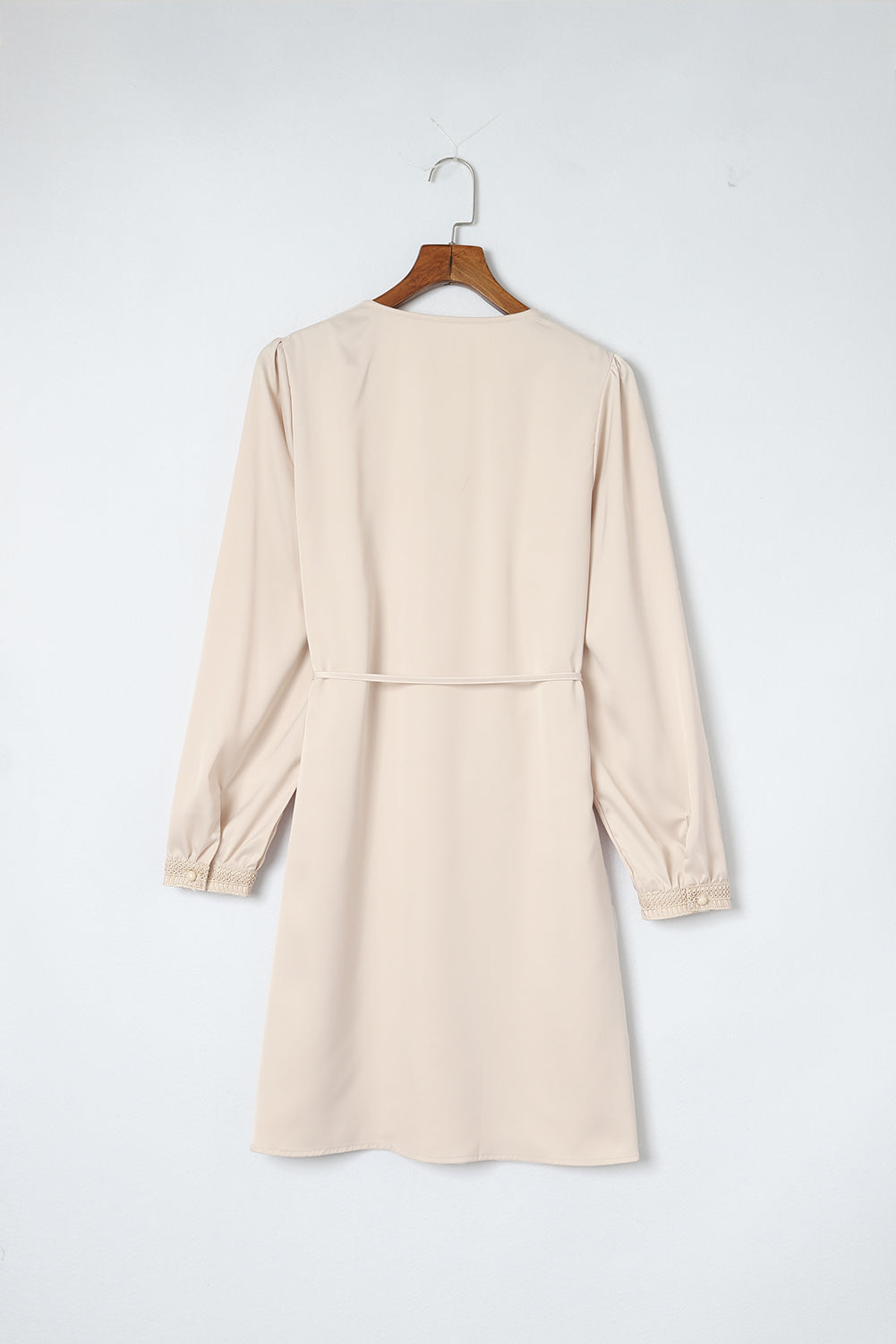 Apricot Lace Trim V Neck Tie Waist Long Sleeve Dress